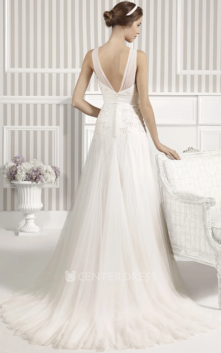 A-Line V-Neck Sleeveless Floor-Length Beaded Tulle Wedding Dress With Pleats And Low-V Back