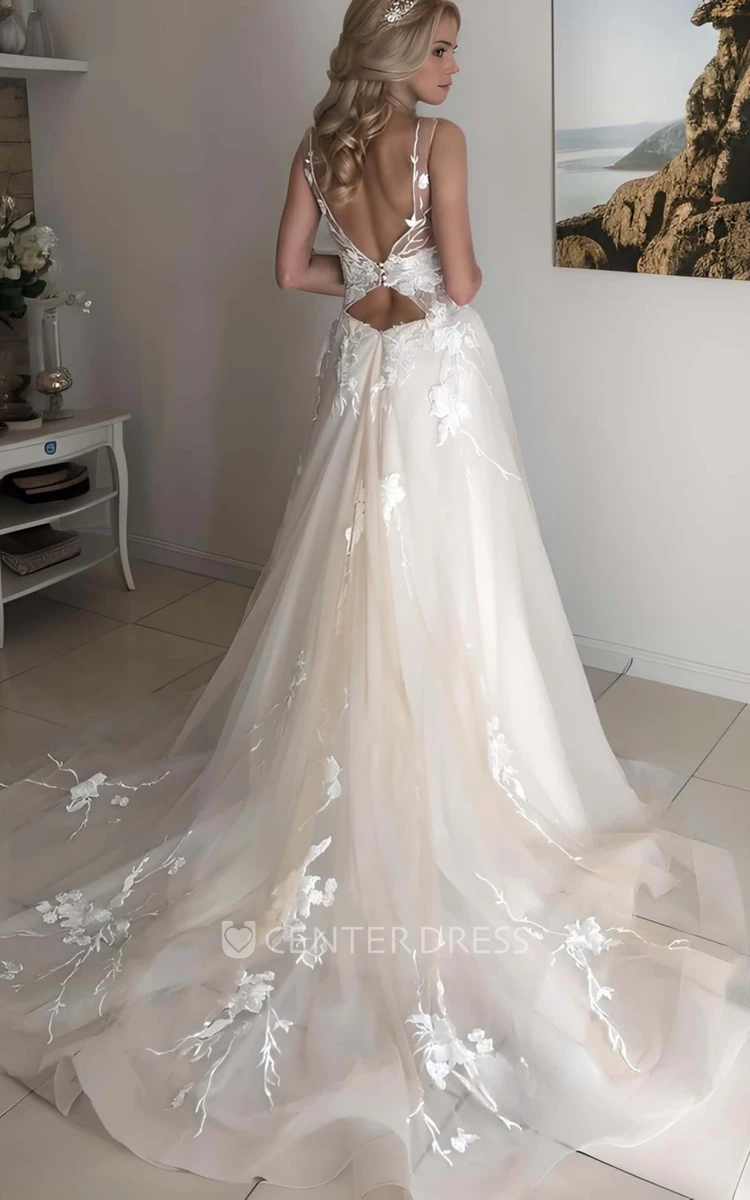 Ethereal Lace Appliques Beach Wedding Dress A-Line High Neck Straps Open Back Bridal Gown