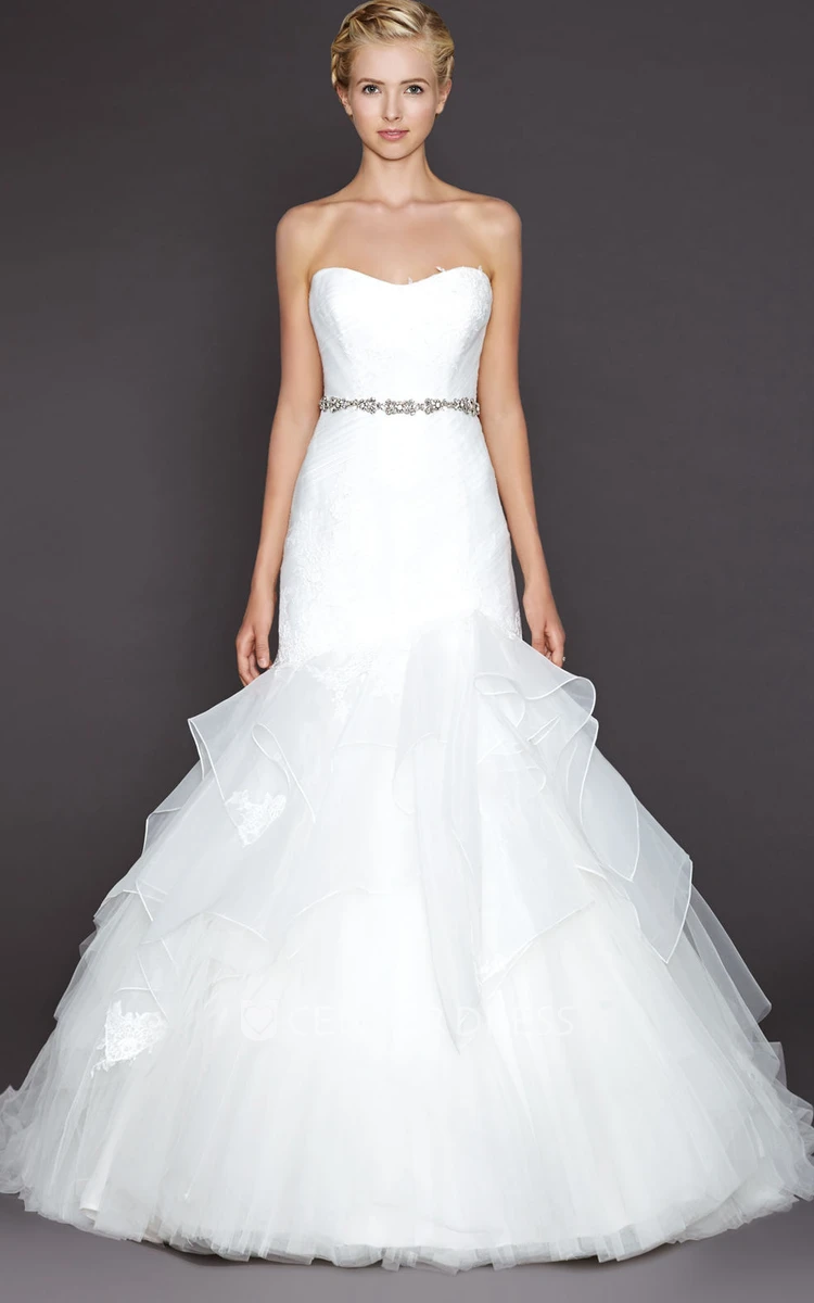 A-Line Strapless Jeweled Tulle Wedding Dress With Ruffles And Lace