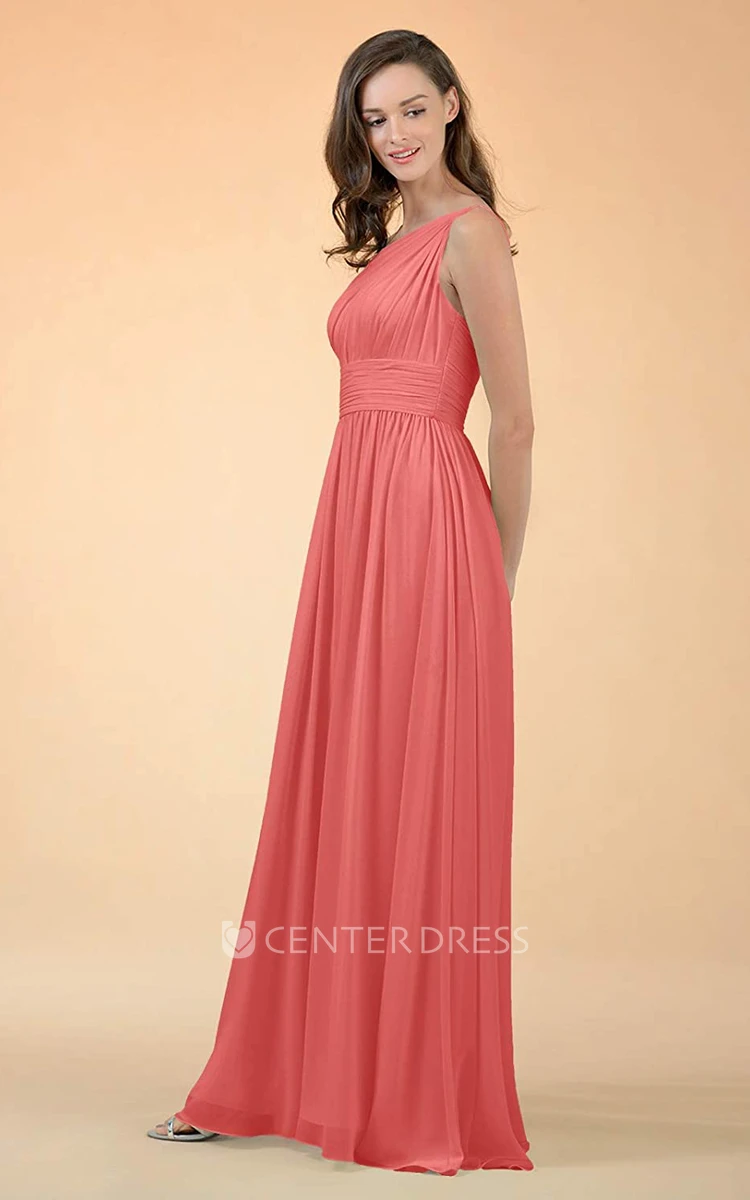 Elegant Chiffon Floor-length One-shoulder A Line Sleeveless Bridesmaid Dress With Ruching