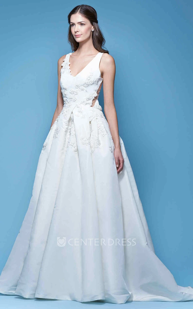 A-Line Appliqued Sleeveless Floor-Length V-Neck Satin Wedding Dress