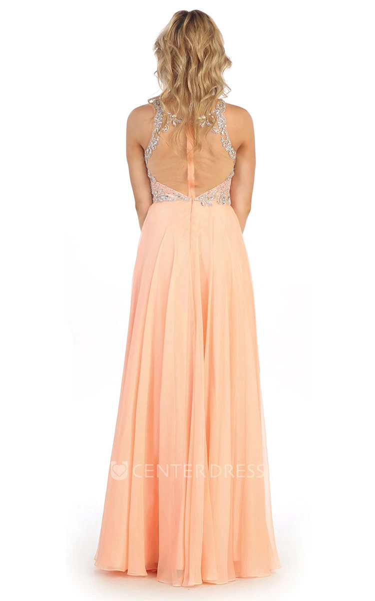 A-Line Scoop-Neck Sleeveless Illusion Dress With Sequins And Beading