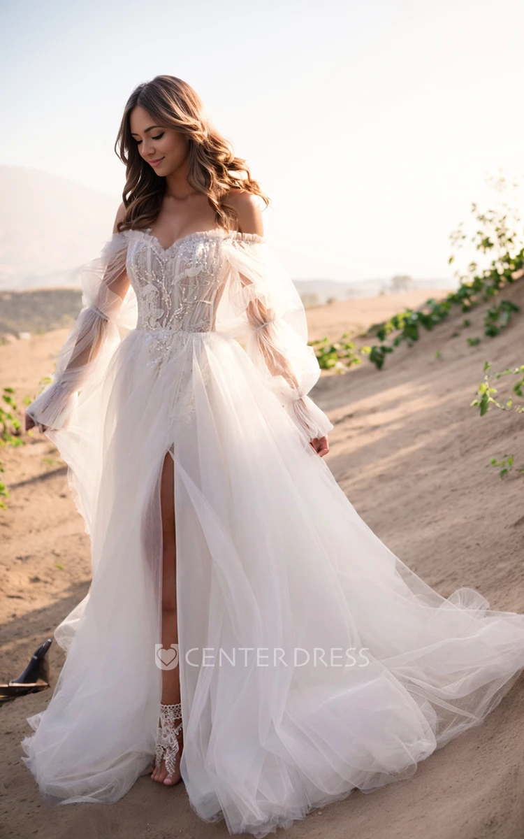 Long Sleeves Simple Outdoor Wedding Dresses, Bridal Gowns With Slit, Cheap Wedding Dresses Long Sleeves Simple Outdoor Wedding Dresses, Bridal Gowns With Slit, Cheap Wedding Dresses