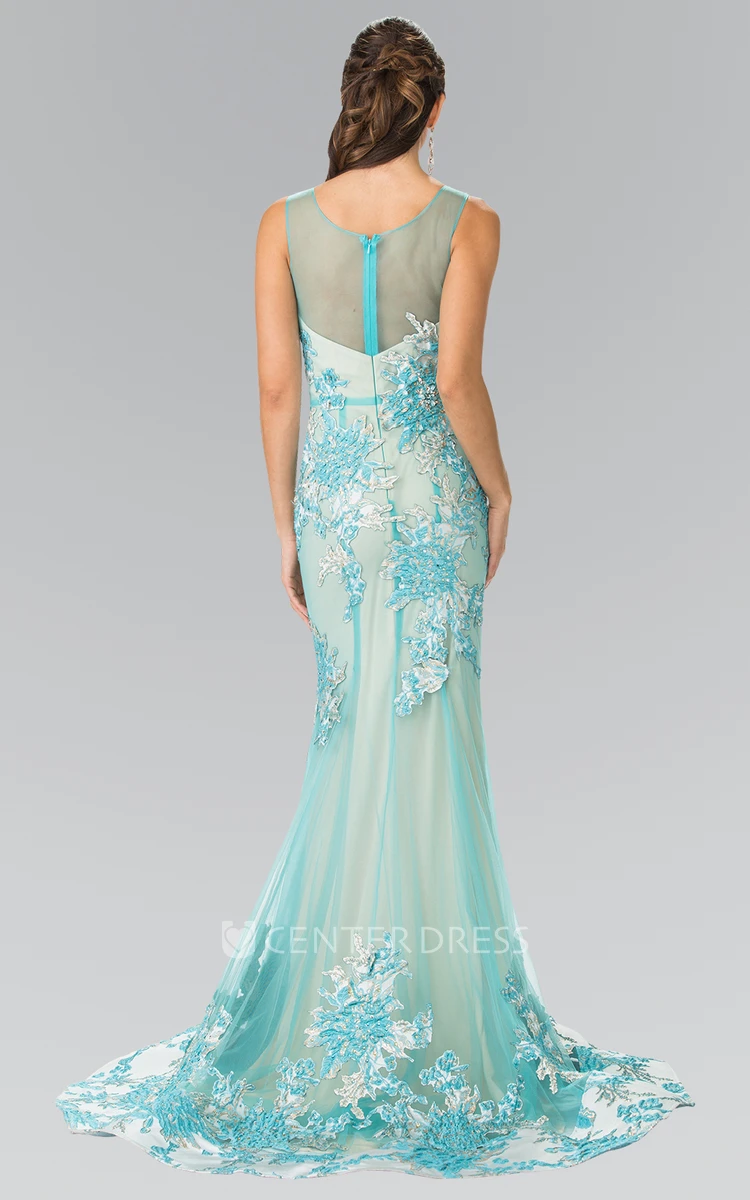 Trumpet Scoop-Neck Sleeveless Tulle Illusion Dress With Appliques