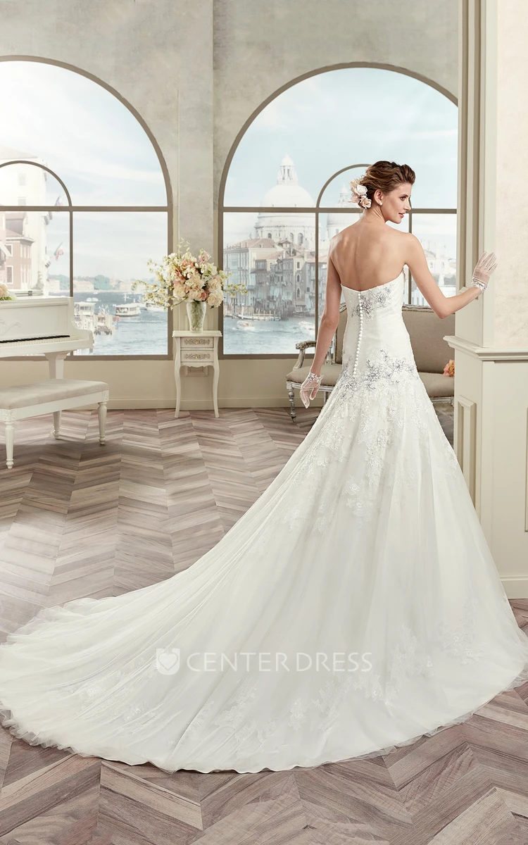 Strapless A-Line Pleated Bridal Gown With Fine Appliques And Court Train