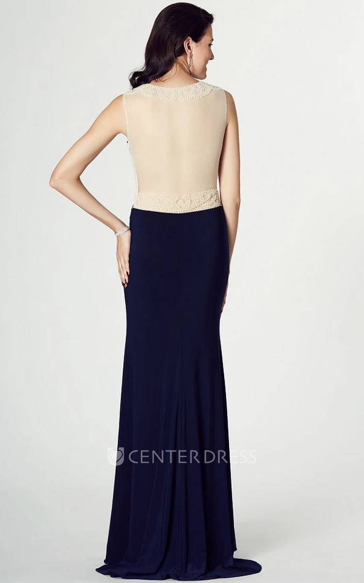 Beaded Scoop Neck Sleeveless Jersey Prom Dress With Illusion Back