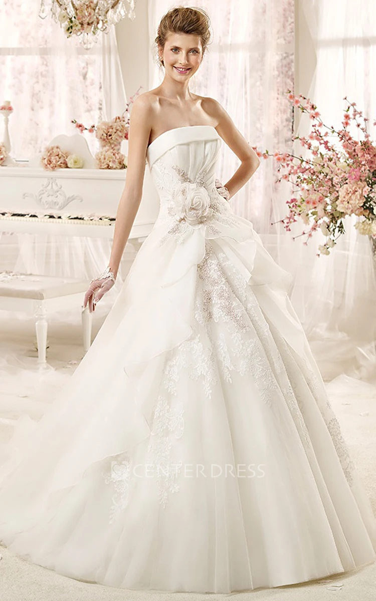Strapless A-line Wedding Dress with Flowers and Pleated Bodice