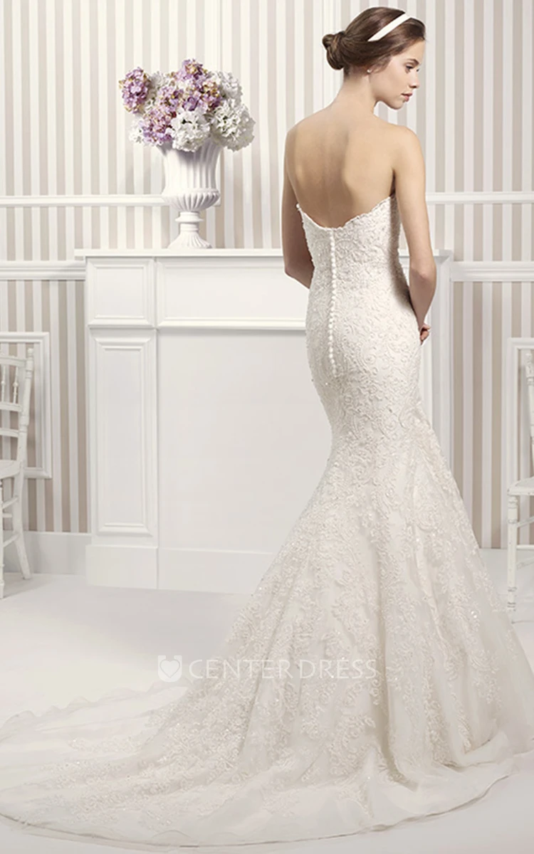 Mermaid Sweetheart Appliqued Lace Wedding Dress With Flower