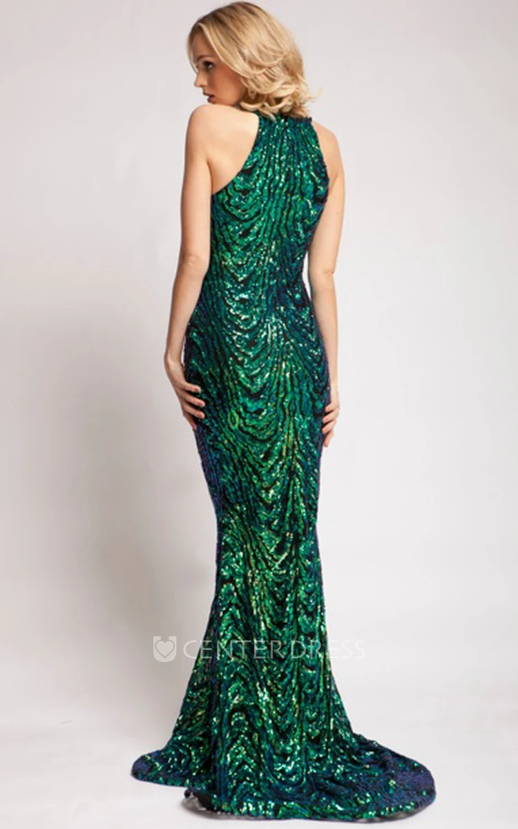 Sheath Sleeveless Floor-Length High-Neck Sequins Prom Dress