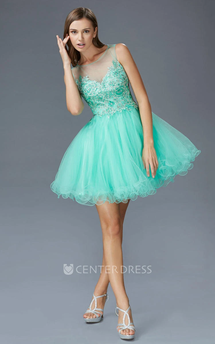 A-Line Short Scoop-Neck Sleeveless Tulle Illusion Dress With Appliques And Ruffles