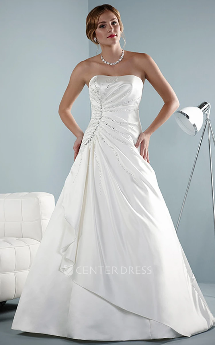 A-Line Sleeveless Beaded Floor-Length Strapless Satin Wedding Dress With Lace-Up Back And Side Draping