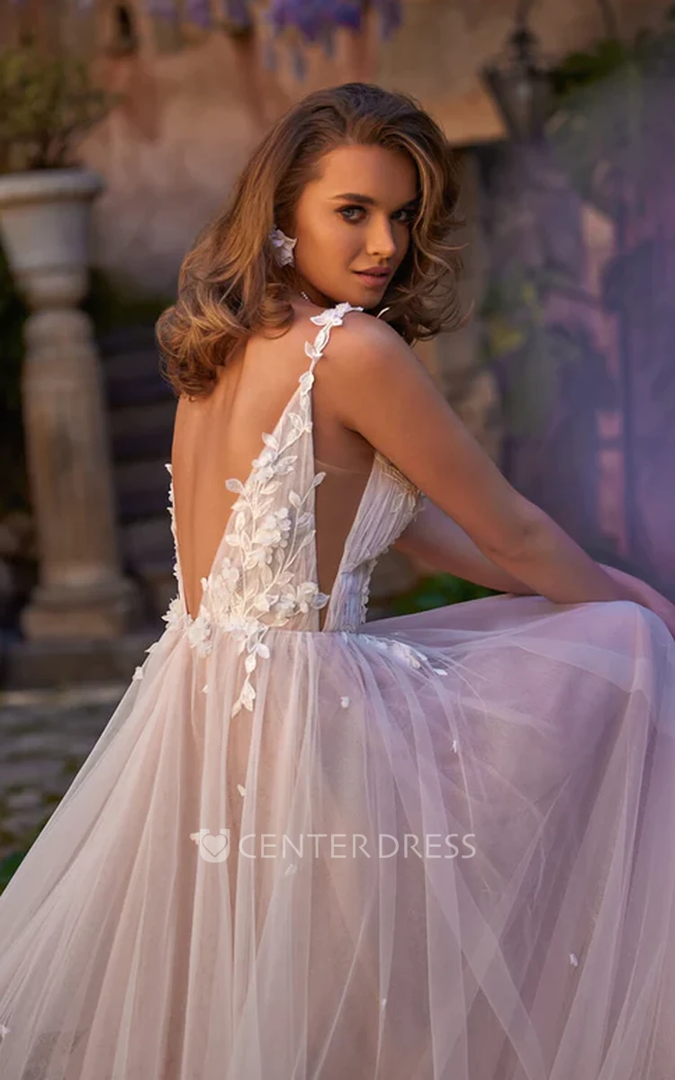 Ethereal Tulle A-Line Spaghetti V-neck Garden Wedding Dress With Deep-V Back And Lace Appliques