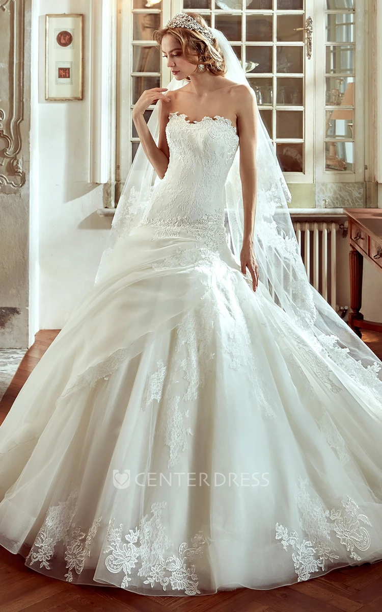 Strapless Brush-train A-Line Wedding Dress with Side Draping and Embroideries