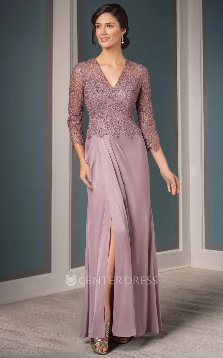 3-4 Sleeved V-Neck Mother Of The Bride Dress With Front Slit And Pleats