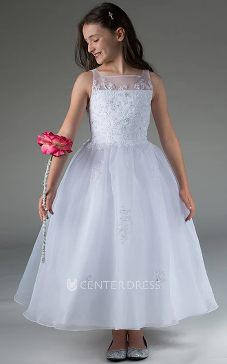 Flower Girl Square Neck Organza Ankle Length Dress With Embroidery