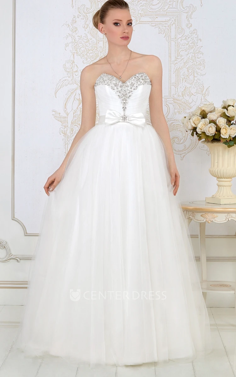 A-Line Sweetheart Sleeveless Maxi Beaded Tulle Wedding Dress With Bow And Ruching