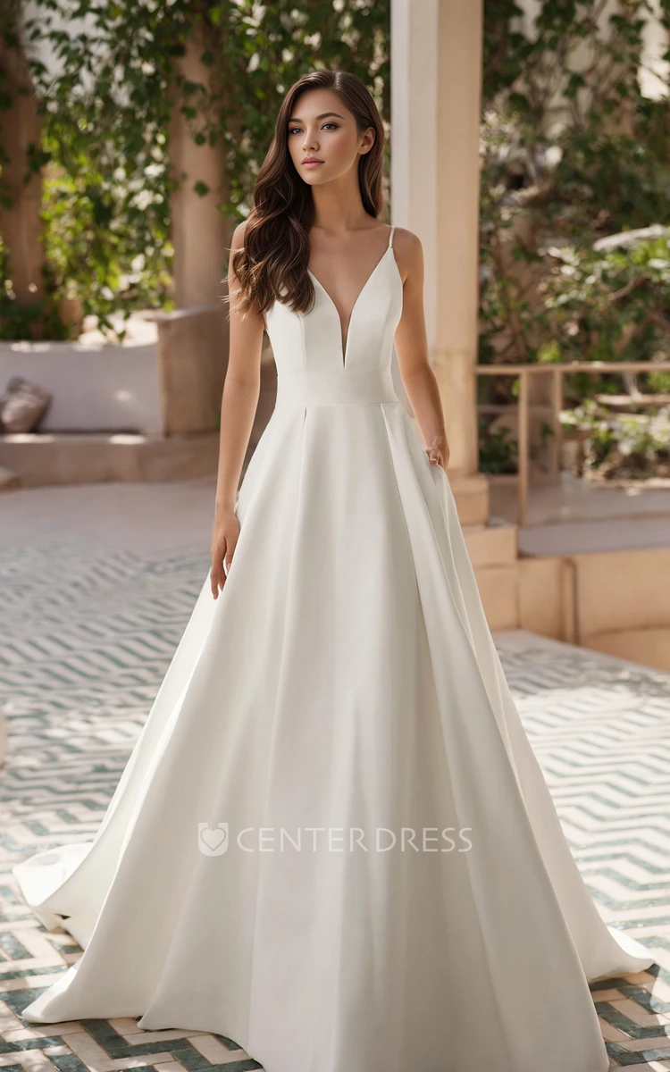 Sexy Simple A-Line Plunging Neckline Floor-length Spaghetti Satin Wedding Dress Solid Elegant Sleeveless Draping Court Bridal Gown with Pockets Button Back