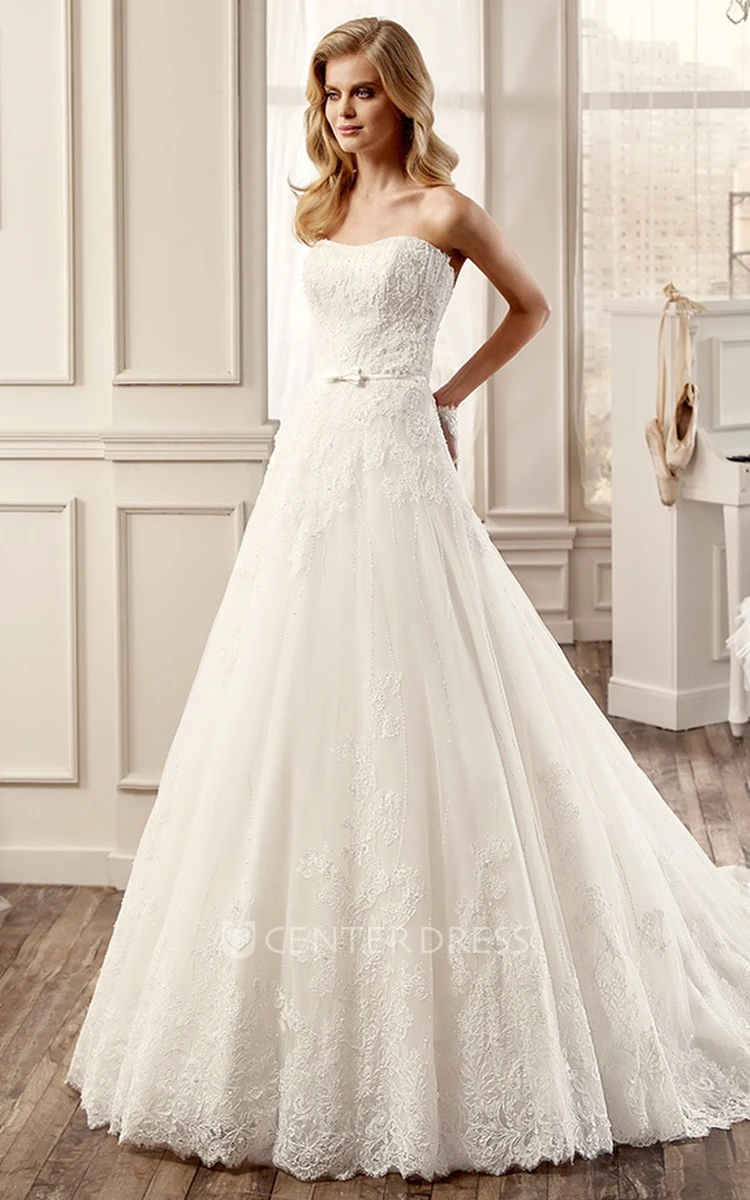 Strapless A-Line Lace Wedding Dress With Appliques And Brush Train