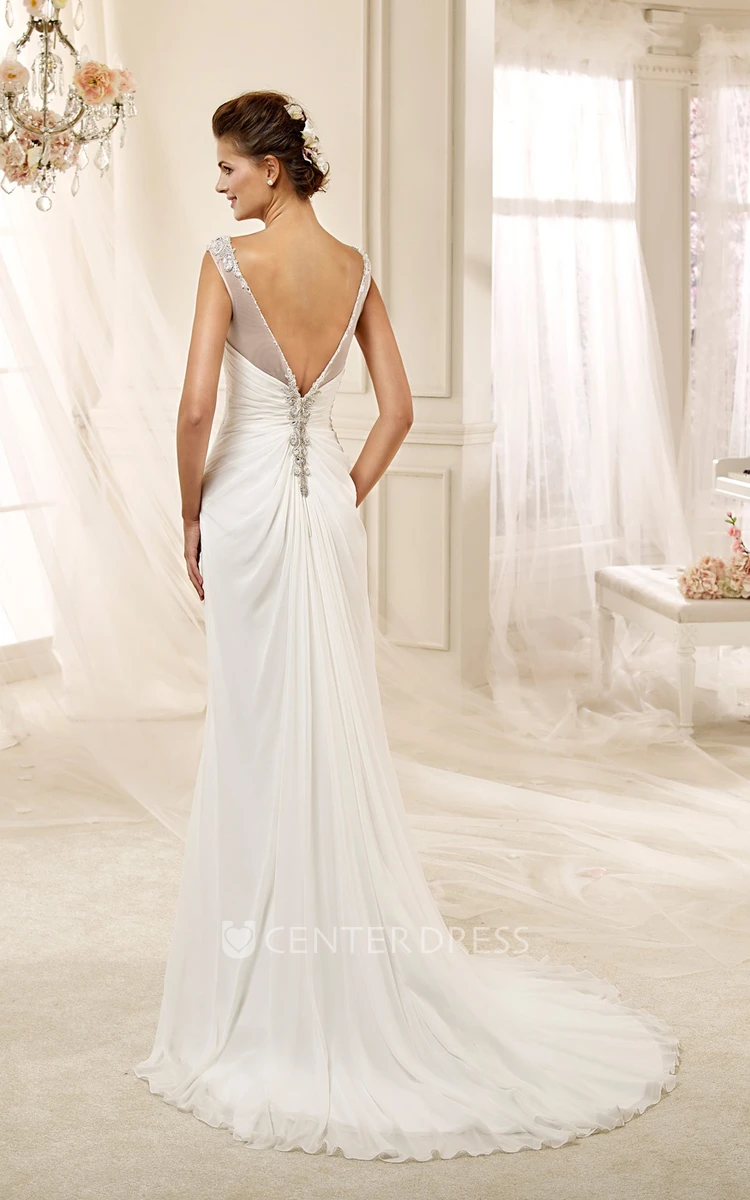 Jewel-Neck Cap-Sleeve Draping Chiffon Wedding Dress With Bandage Waist And Illusive Neckline
