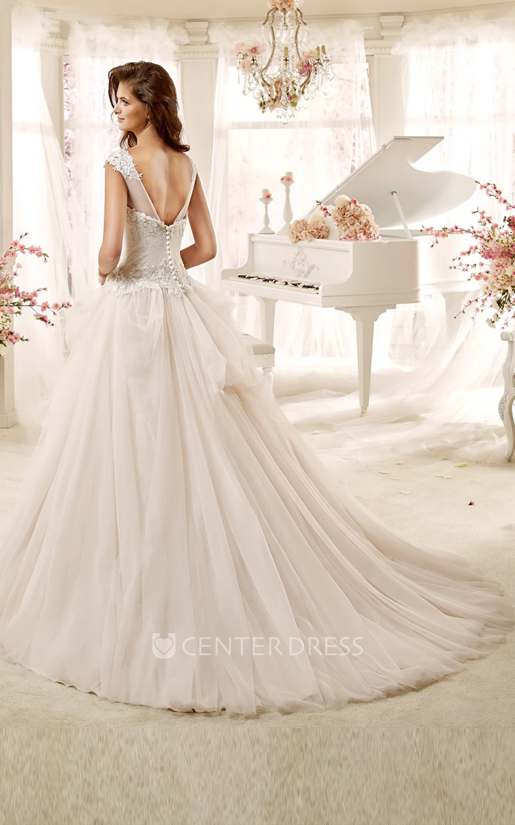 Jewel-neck Low-back A-line Wedding Dress with Flowers and Beaded Bodice