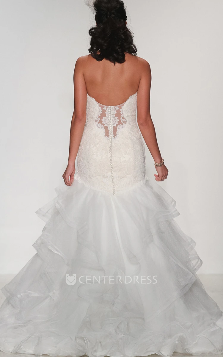 A-Line Sweetheart Tiered Floor-Length Organza&Lace Wedding Dress With Appliques And Deep-V Back