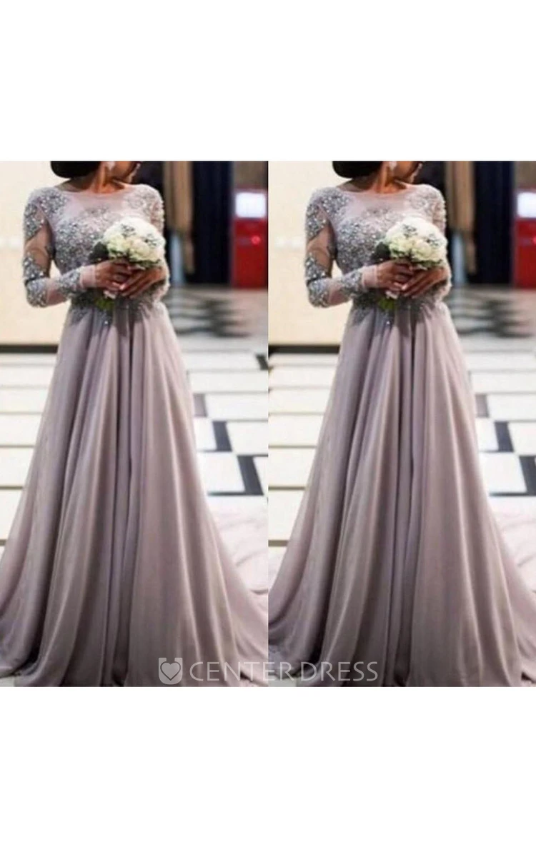 A-line Scoop Neck Long Sleeved Appliqued Chiffon Dress