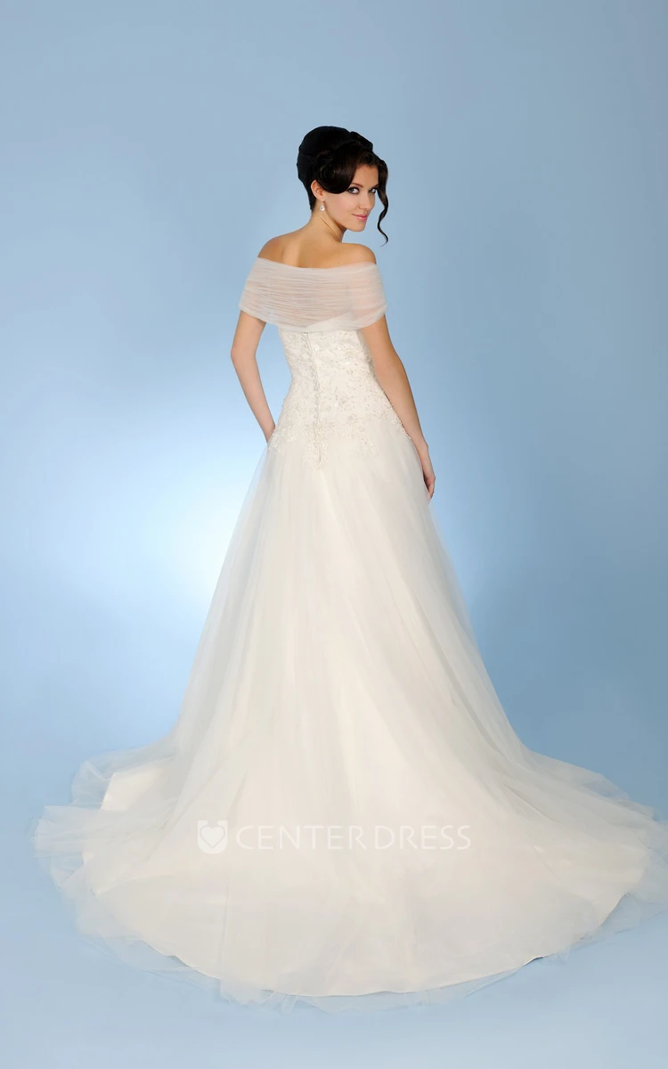 Ball-Gown Cap-Sleeve Strapless Floor-Length Appliqued Tulle Wedding Dress With Illusion Back And Court Train