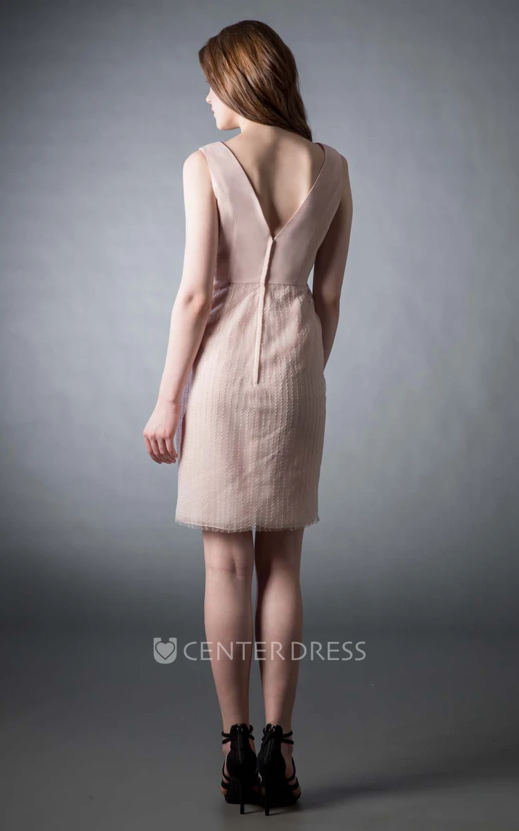 Mini Pencil Jewel Neck Sleeveless Chiffon Bridesmaid Dress With Low-V Back