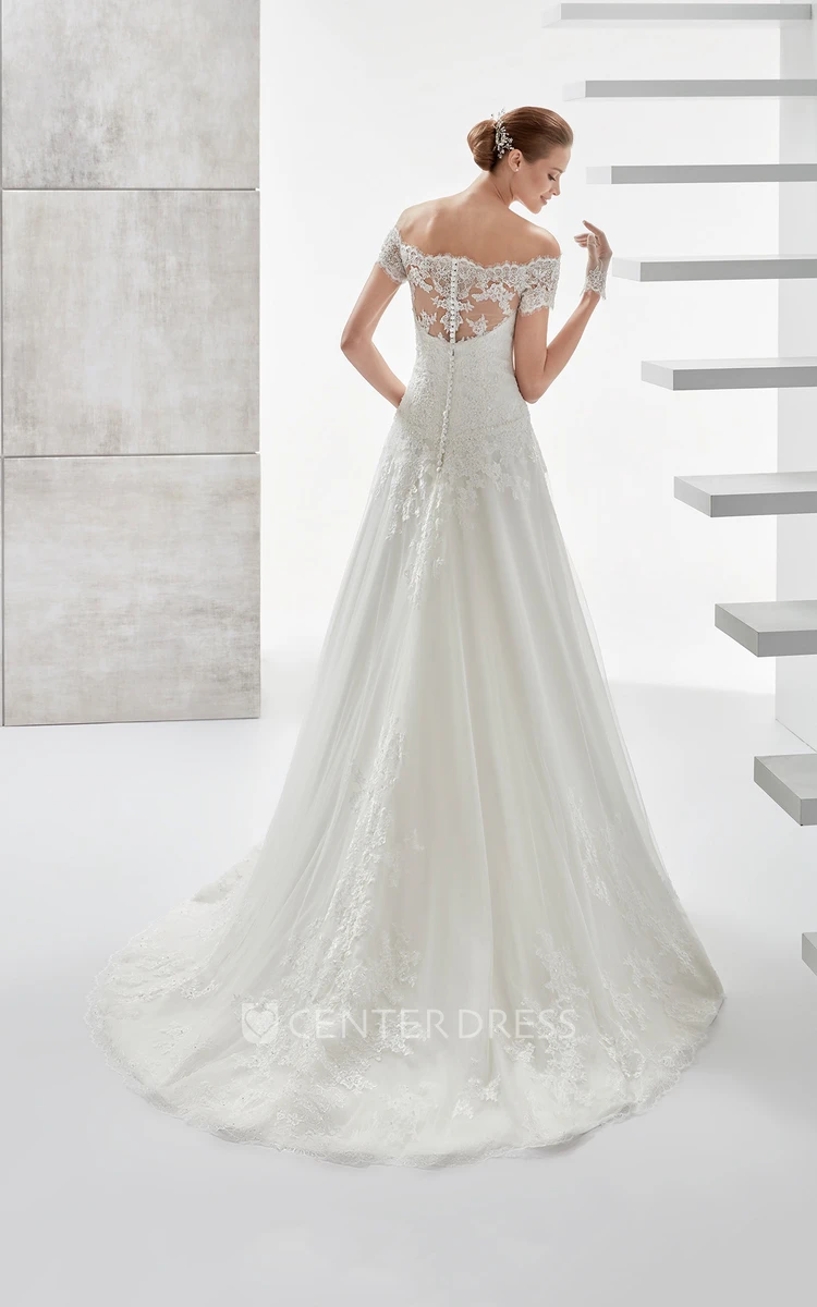 Sweetheart Off-Shoulder Draping Wedding Dress With Scalloped Neckline And Lace Appliques