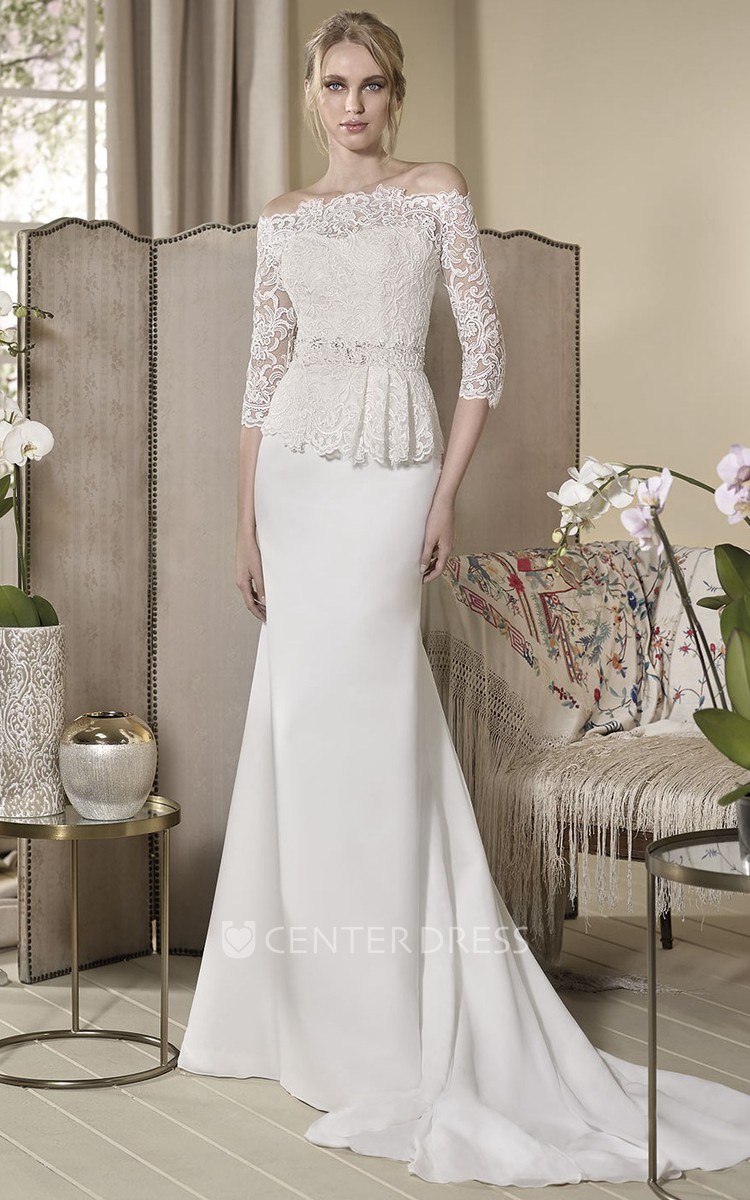 Sheath Off-The-Shoulder Half-Sleeve Peplum Long Jersey&Lace Wedding Dress  With Waist Jewellery And Embroidery - UCenter Dress