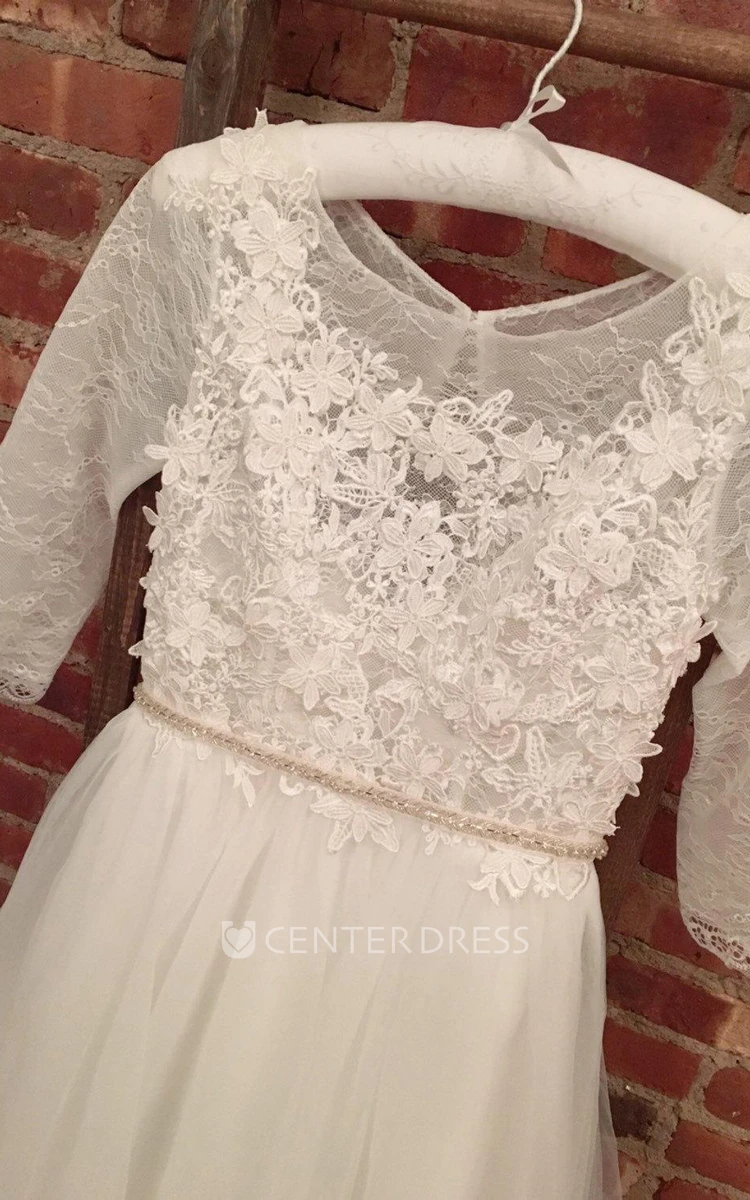 3-4 Sleeve Lace Weddig Dress With Flower
