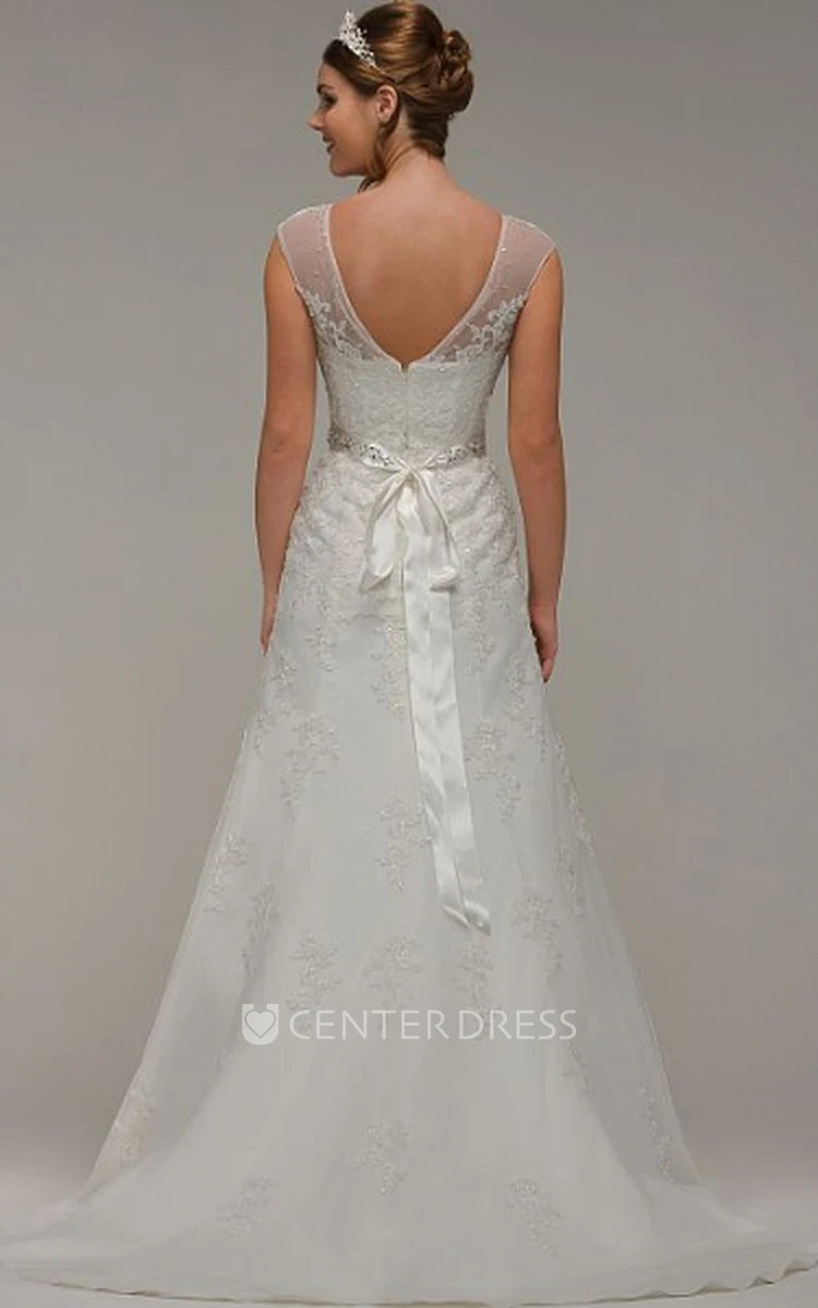 A-Line Jeweled Cap-Sleeve Scoop-Neck Lace Wedding Dress With Bow