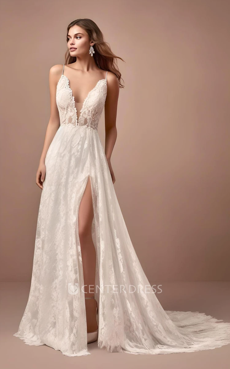 Tulle Lace Wedding Dress A-Line Sleeveless Split Front Plunging Neckline V-neck Court Train Sexy Beach Elegant 2024