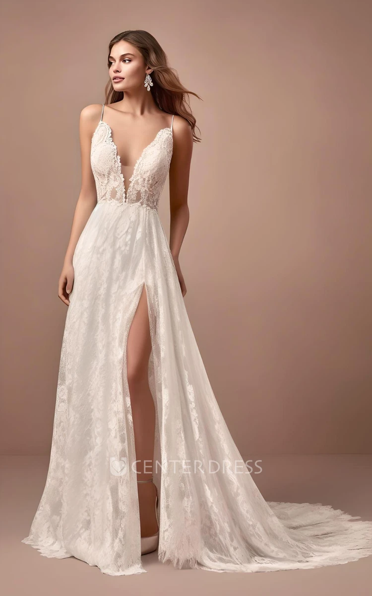 Spaghetti Straps Wedding Dresses A-Line Sexy V-Neck Lace Sweep Train Bridal  Gown