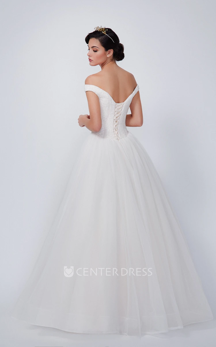 A-Line Floor-Length Off-The-Shoulder Tulle Wedding Dress With Corset Back
