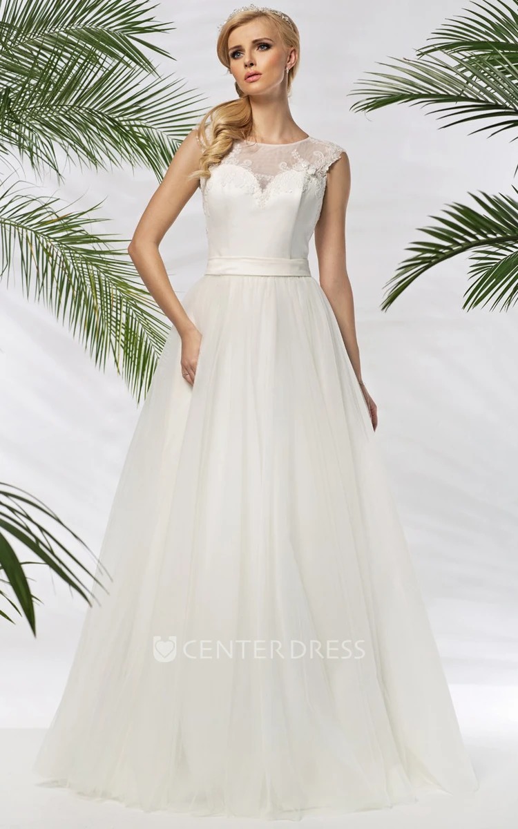 A-Line Floor-Length Sleeveless Scoop-Neck Appliqued Tulle&Satin Wedding Dress