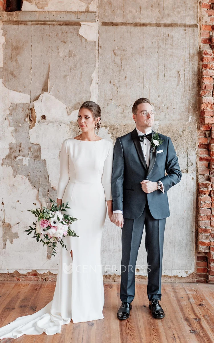 White Modest 3/4 Length Sleeve Wedding Dress Jewel Neckline Split Front Satin for Women