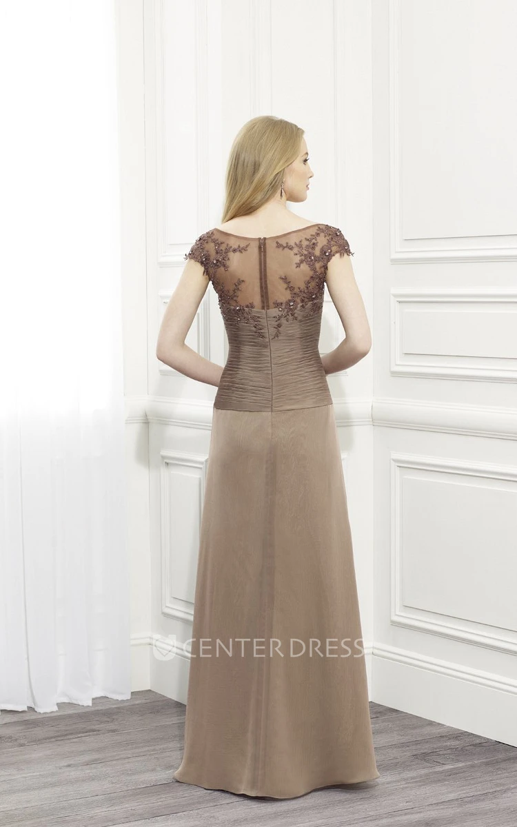 A-Line Long Appliqued Scoop Cap-Sleeve Chiffon Formal Dress With Illusion Back And Ruching