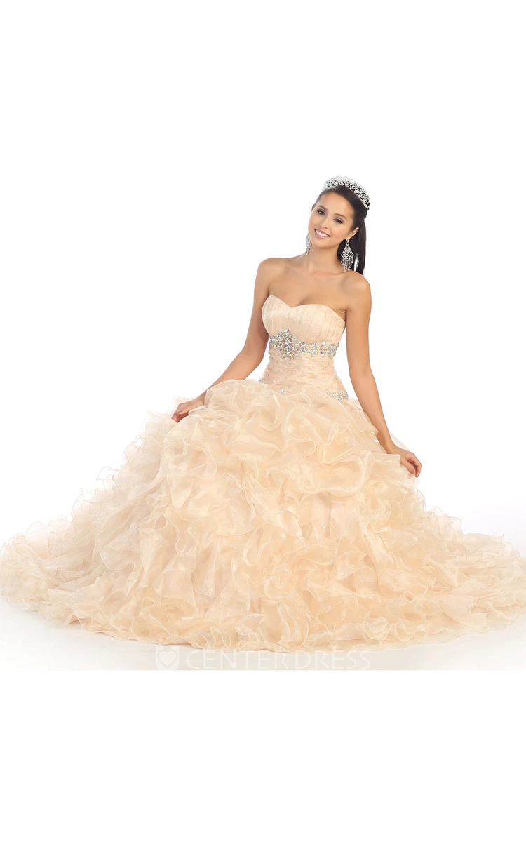 Ball Gown Strapless Sleeveless Organza Dress With Waist Jewellery And Ruffles