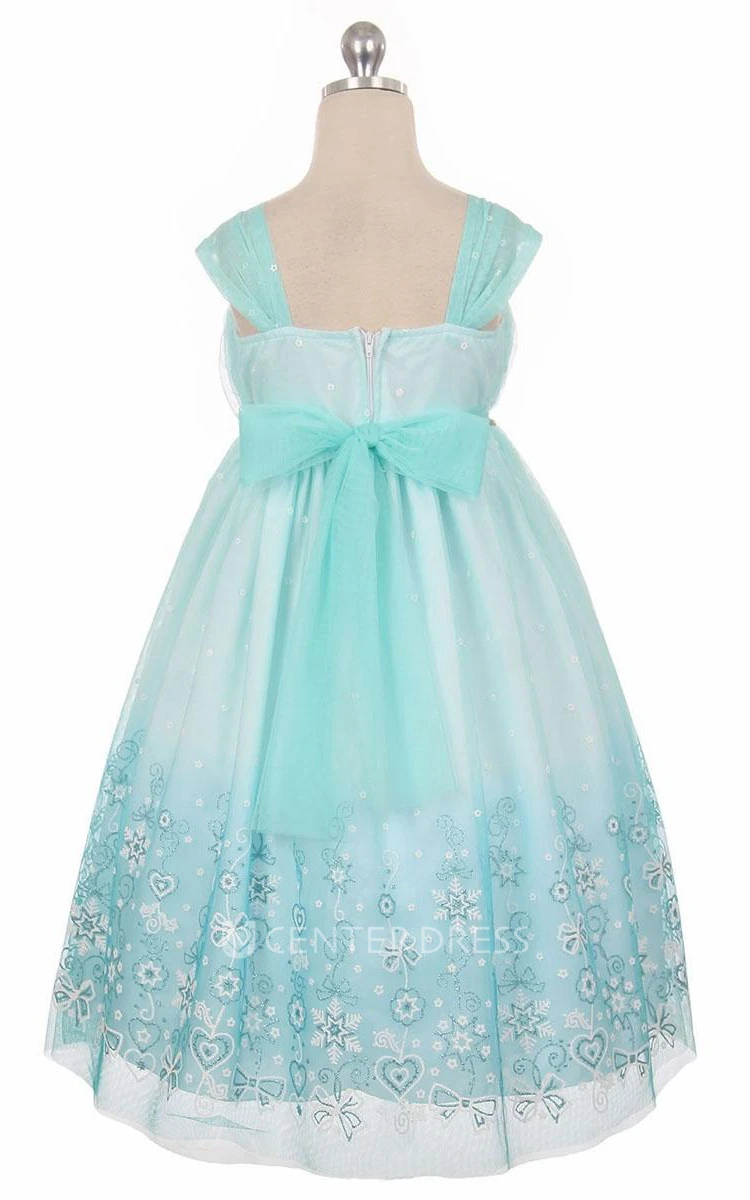 Tea-Length Floral Beaded Pleated Tulle&Satin Flower Girl Dress With Tiers