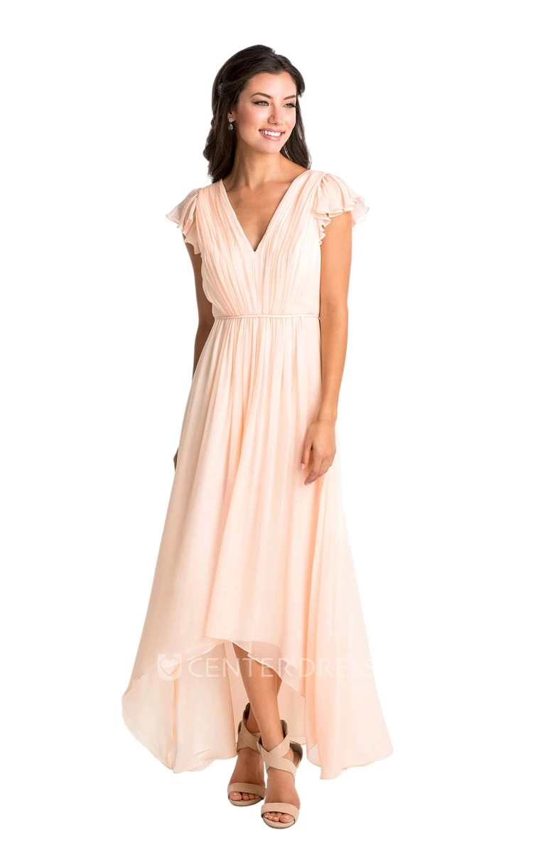 High-Low Cap Sleeve Ruched V-Neck Chiffon Muti-Color Convertible Bridesmaid Dress