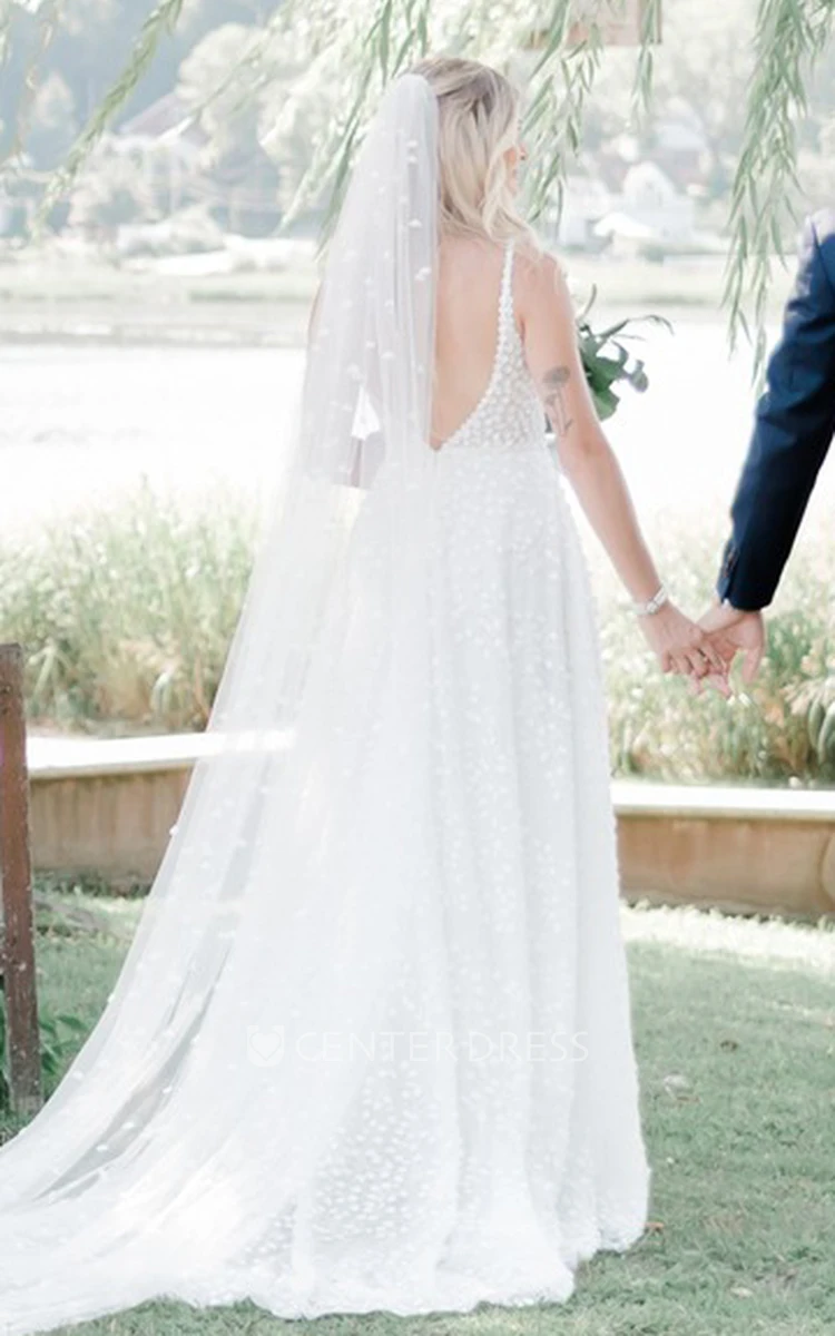 Simple A-Line Spaghetti Lace Wedding Dress With Low-V Back And Flower