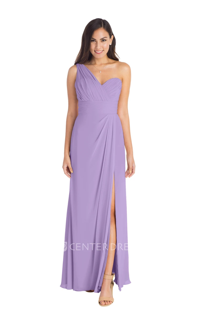 Ruched Sleeveless One-Shoulder Chiffon Muti-Color Convertible Bridesmaid Dress With Split Front