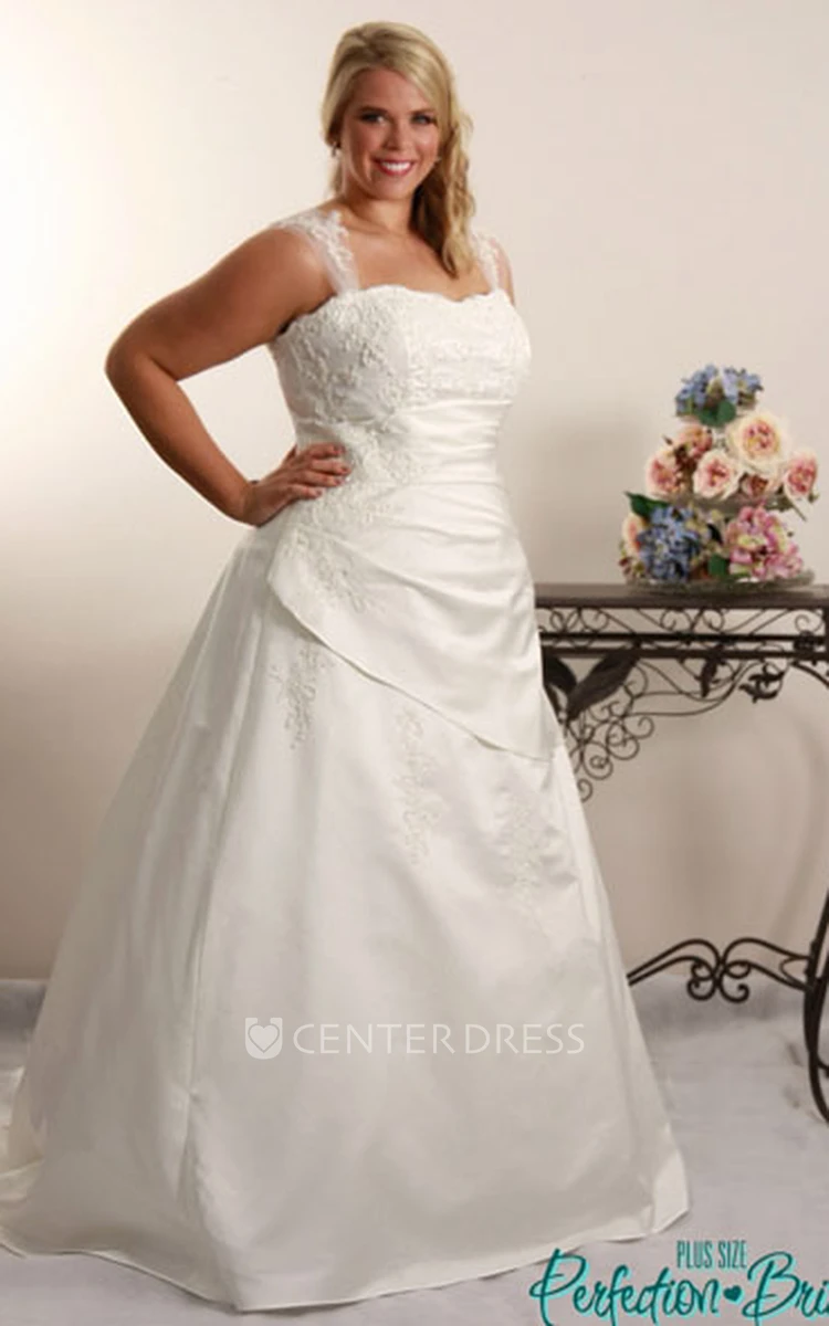 A-Line Long Off-The-Shoulder Satin Plus Size Wedding Dress With Appliques