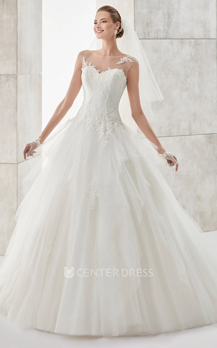 Jewel-neck A-line Wedding Dress with Ruffled Skirt and Illusive Design
