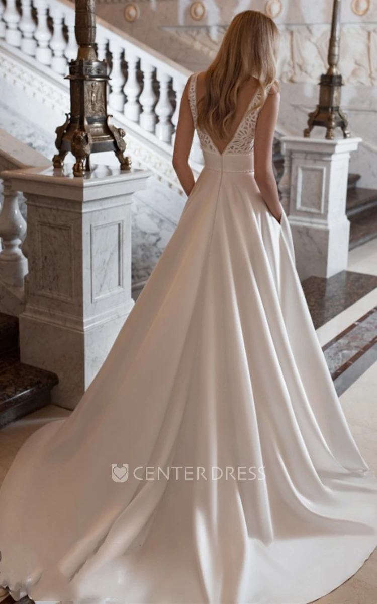 Gorgeous A-Line V-neck Court Train Satin Wedding Dress with Pockets