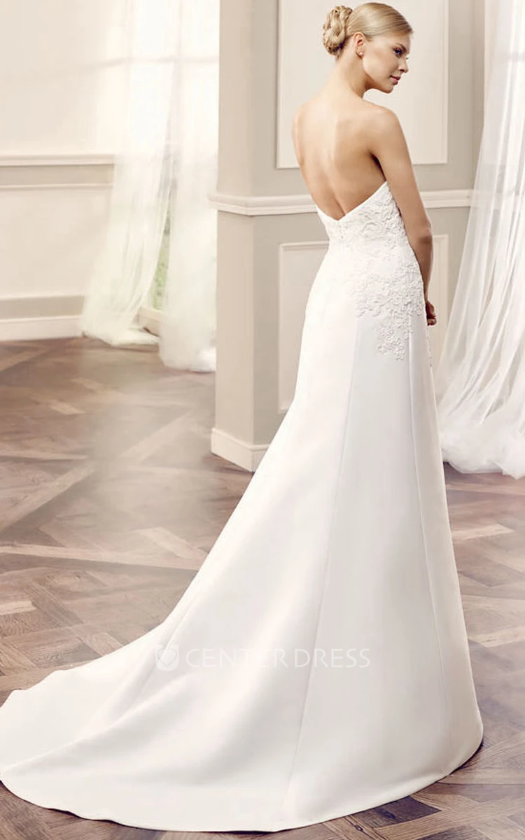 Maxi Sweetheart Appliqued Satin Wedding Dress With Court Train And V Back