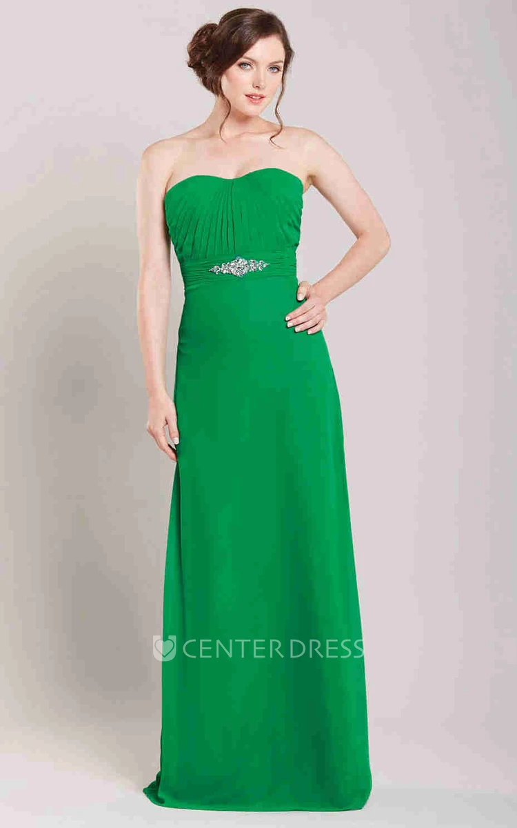 Strapless Floor-Length Ruched Chiffon Bridesmaid Dress With Waist Jewellery