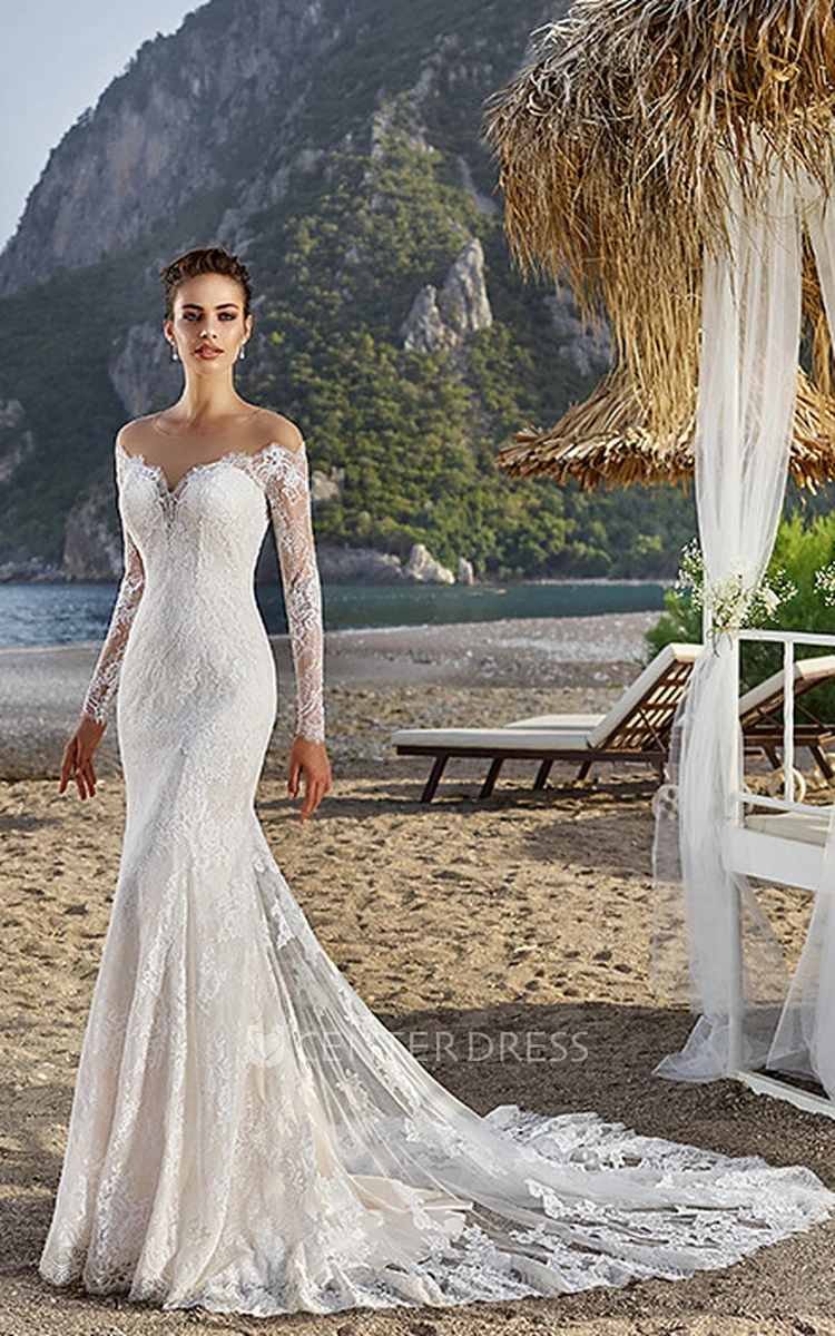Long Sleeves 3D Applique Illusion Neckline A-line Wedding Dresses,CW01 –  clover sew