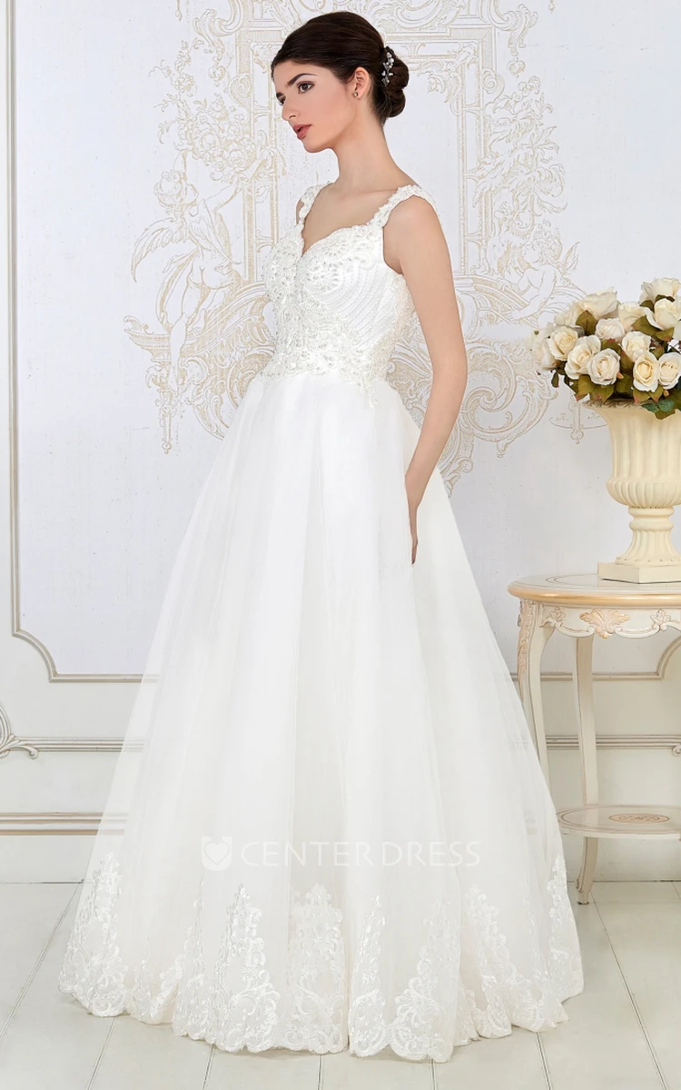 A-Line Appliqued Floor-Length Sleeveless Tulle Wedding Dress With Bolero
